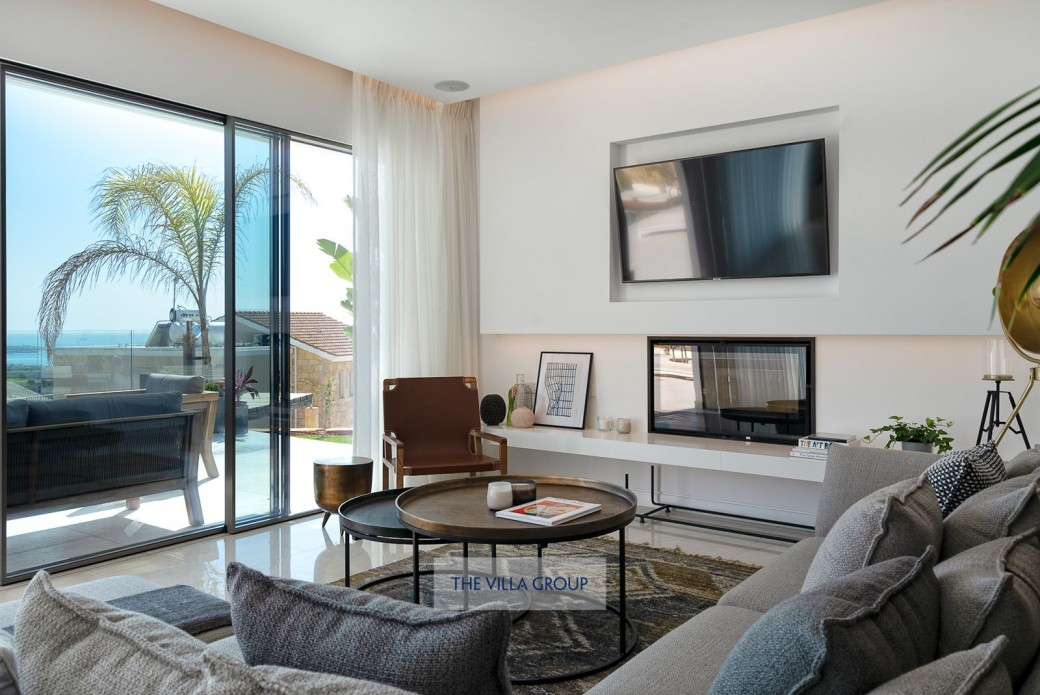 Living area with sofas, fireplace and internet TV
