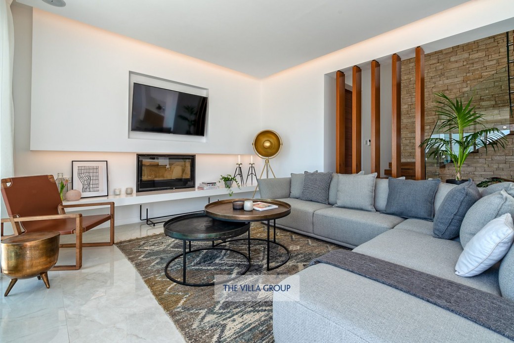 Living area with sofas, fireplace and internet TV