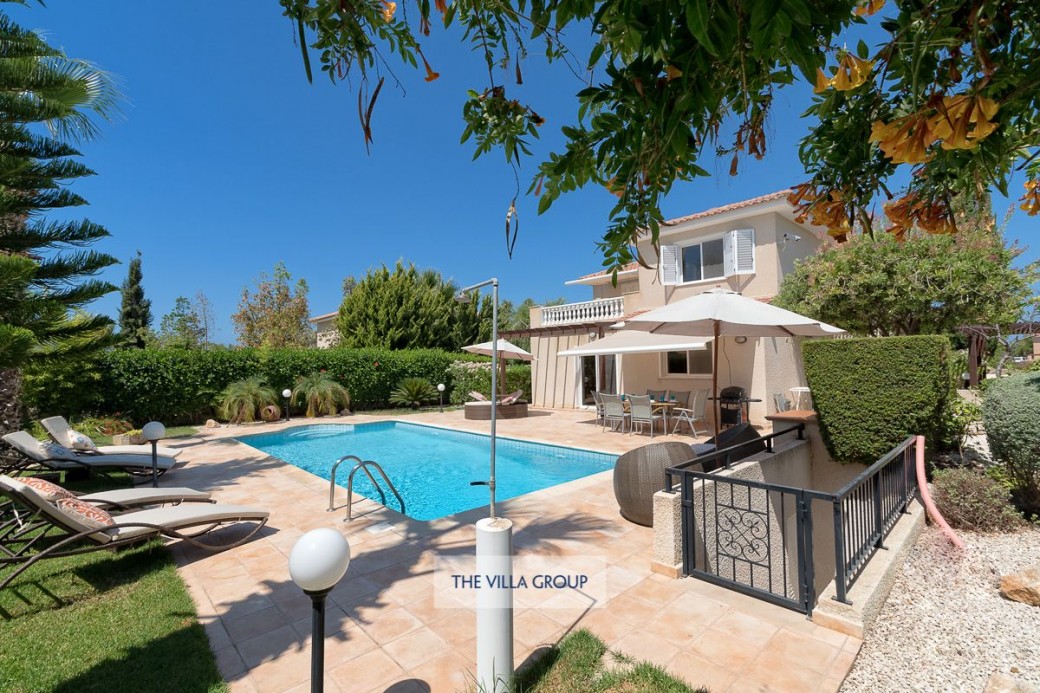 Garden planted with mature trees and flowering shrubs