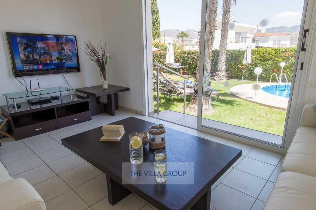 Patio doors lead to the outside terrace