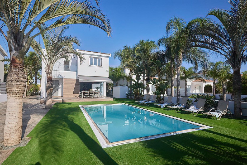 Sunbeds set the scene for relaxing under the beautiful Cyprus sunshine