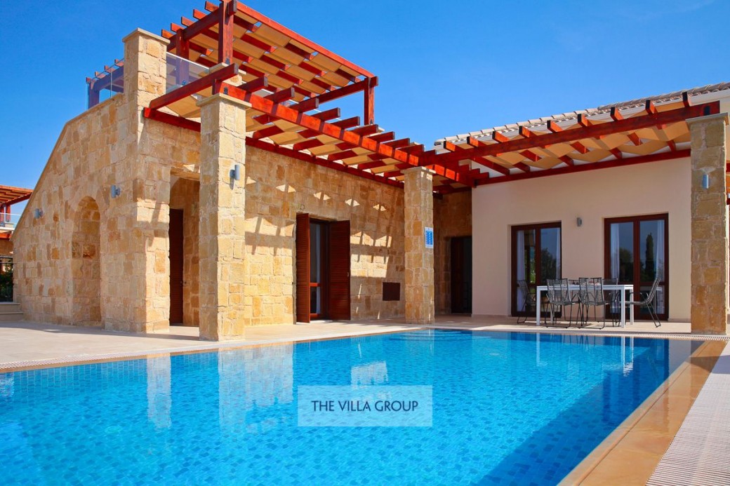Patio furnished with sunbeds for relaxing under the Cyprus sunshine