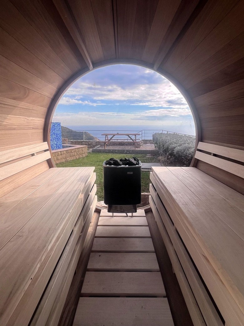 Barrell sauna with views of Mediterranean Sea!
